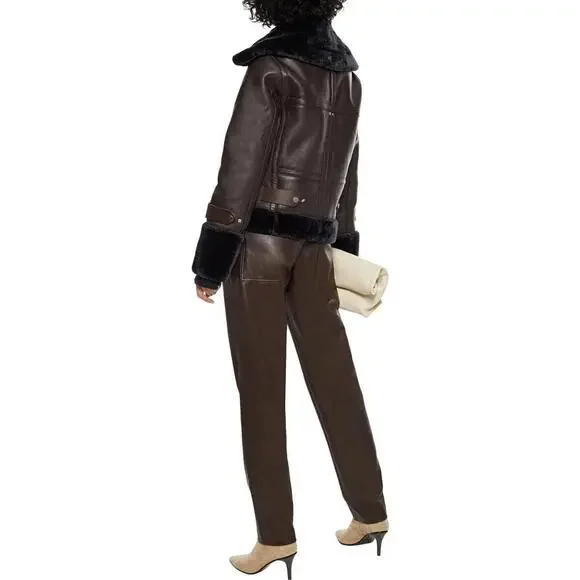 NEW, WALTER BAKER Lianna Faux Fur-Trimmed Leather Jacket - Chocolate L #C3808 - Picture 3 of 9